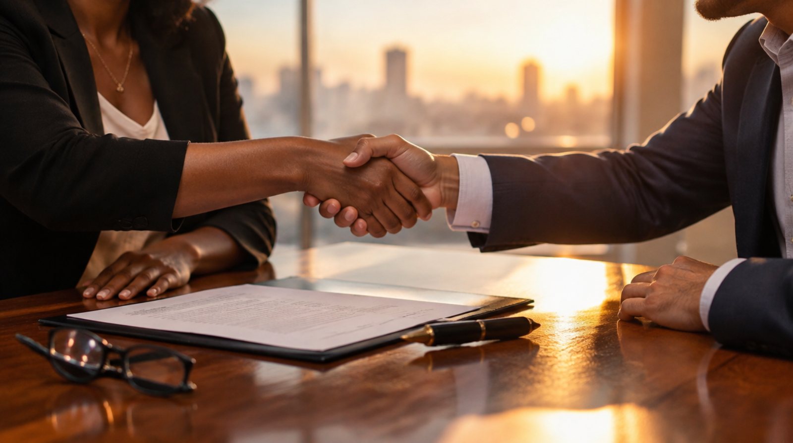 Two business owners shaking hands over a signed agreement